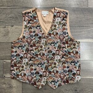 VTG 90s Tapestry Vest Needlepoint Children Of The World Peace Love Womens 14/16